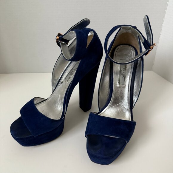 Prada Navy Suede Platform Block Heel Sandals - Picture 3 of 6